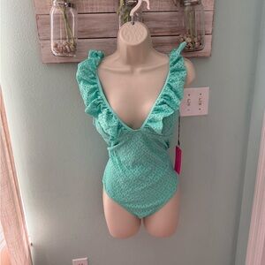 Betsey Johnson Aqua Textured/Eyelet Swimsuit